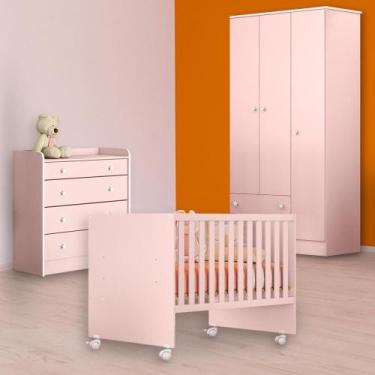Imagem de Infantil Berço Reto, Cômoda Trocador e Guarda Roupa Rosa - Qmovi
