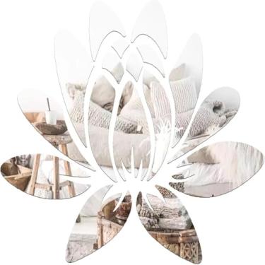 Imagem de WRENYZK Adesivos de espelho de parede em forma de lótus, espelhos autoadesivos para parede, decoração acrílica inquebrável, espelhos prateados decorativos para quarto, sala de estar, banheiro (prata)