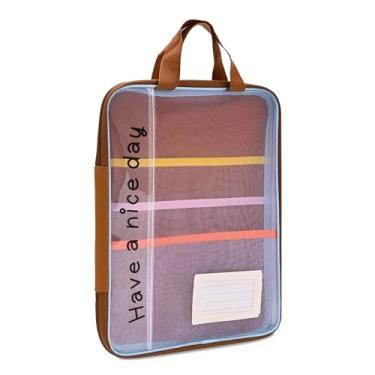 Imagem de Valtiner Bolsa de malha com zíper A4 com alça, 33 x 25 cm, multicamadas transparentes, papelaria, documentos, organizador de nylon, pasta de arquivos leve para material de escritório escolar (marrom)
