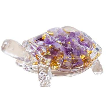 Imagem de RJINGSHI Estátua de tartaruga de ametista feita à mão, cristal e resina para decoração de aquário, enfeite de mesa de meditação para amantes de tartarugas, presente de cura espiritual com energia
