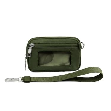 Imagem de Carteira, bolsa de pulso, carteira feminina de nylon à prova d'água, porta-chaves, estojo com zíper com janela transparente para identidade, Verde escuro, Carteiras