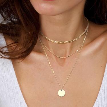 Imagem de Colares femininos de ouro em camadas, banhado a ouro 14 K, corrente empilhável, pingente delicado com círculo Mobius moderno, pingente de lua e moeda, conjunto de joias simples para presente, 14/16