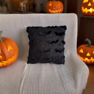Imagem de Capa de almofada de Halloween fantasma fofo almofada decorativa de pelúcia macia para decoração de varanda de sofá-cama 45,7 cm x 45,7 cm (45,7 cm x 45,7 cm, morcego preto)