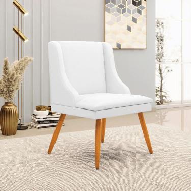 Imagem de Cadeira Decorativa Sala De Jantar Pés Palito De Madeira Firenze Pu Branco Fosco/natural