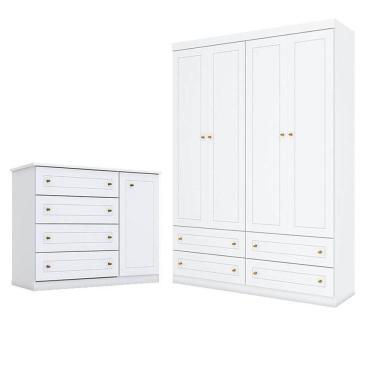 Imagem de Cômoda E Guarda Roupa Infantil Americano 4 Portas Branco Hp - Henn