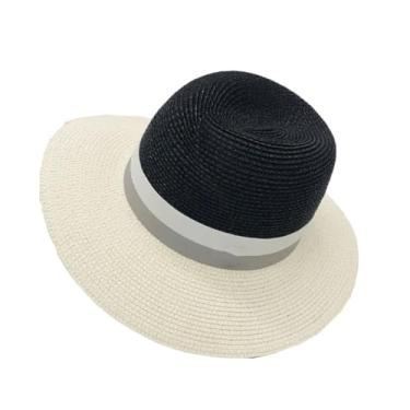 Imagem de Chapéu feminino de jazz de aba larga chapéu de palha rosa cinza costura protetor solar casual chapéu de palha preto 2 54-58 cm