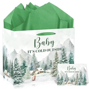 Imagem de MOIZYNG Sacos de presente Baby It's Cold Outside com alças, papel de seda e cartão comemorativo, papel de embrulho de chá de bebê Winter Wonderland para decoração de chá de bebê de Natal, aniversário