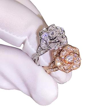 Imagem de JESMING Anel rosa 3D CZ simulado diamante anel ouro rosa flor rosa anel feminino, 6, Metal Pedra, Zircônia cúbica