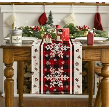 Imagem de Caminho de mesa de Natal com flocos de neve xadrez búfalo, decoração de mesa de jantar de cozinha de inverno sazonal para decoração de festa em casa 33 x 182 cm
