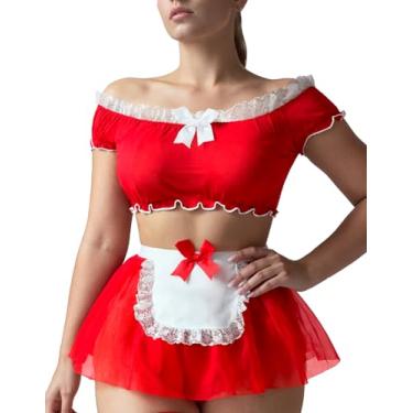 Imagem de Panegy Conjunto de lingerie de empregada para mulheres, roupas de pelúcia impertinentes, ombros de fora, avental, fantasia de renda, lingerie preta, G