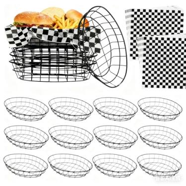 Imagem de CNQLIS 12 cestas de pão de arame preto com 100 forros de papel xadrez – 24,5 x 15,5 x 5,5 cm x 5,5 cm bandejas de metal para servir fast food para restaurantes, churrascos, piqueniques, festas (preto)