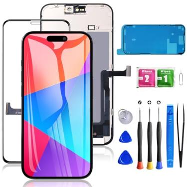 Imagem de Mobkitfp Tela de substituição para iPhone 15 Pro Max de 6,7 polegadas, tela LCD sensível ao toque 3D digitalizador frontal com ferramentas Rapair + adesivo à prova d'água + vidro temperado