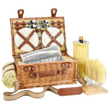 Imagem de Conjunto de cesta de piquenique de vime para 4 pessoas com compartimento mais frio e cobertor de piquenique à prova d'água, alça removível, saco de vinho, conjunto de talheres, para acampamento