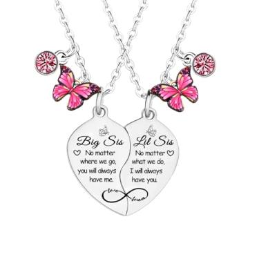 Imagem de Nfyxcaz 2 peças, colar combinando com coração Big Sis Little Sis, presentes para irmãs e borboletas, presentes de Natal e aniversário para irmãs