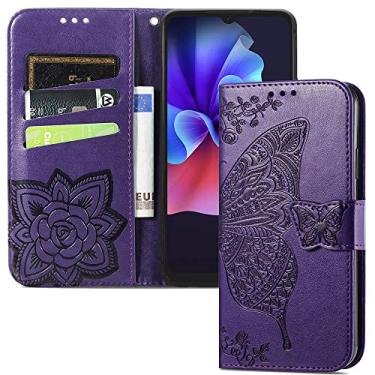 Imagem de MEMAXELUS Capa carteira para Samsung Galaxy A05, capa flip de couro PU em relevo borboleta com suporte para cartão e suporte à prova de choque para Samsung Galaxy A05 flor borboleta roxo escuro SD