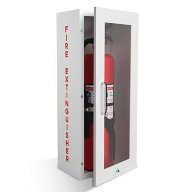 Imagem de Avicenna Innovations Armário de extintor de incêndio branco – Caixa de montagem em parede de aço resistente com porta magnética | para extintores de 2,3 a 4,5 kg | Inclui placa, cartões de inspeção e