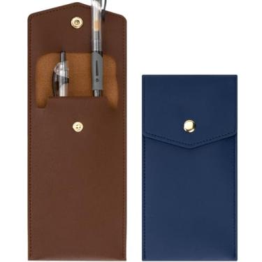 Imagem de JANKINGS Estojo de couro para lápis, 2 unidades, bolsa de couro, bolso multiuso para canetas, ponteiros (marrom + azul)