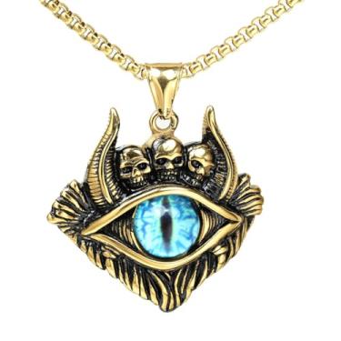 Imagem de PAMTIER Colar masculino vintage de aço inoxidável com pingente de cabeça de caveira de demônio com olho turco, Metal, Metal