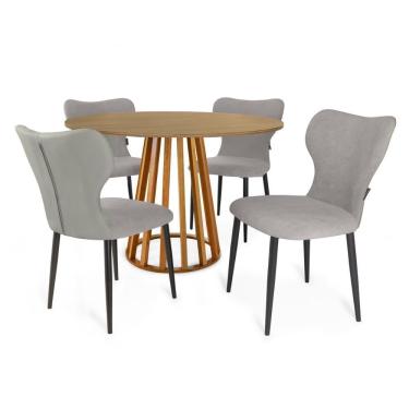 Imagem de Conjunto Mesa De Jantar Redonda Talia Amadeirada Natural 120cm Com 4 Cadeiras Estofadas Jacobsen - Cinza