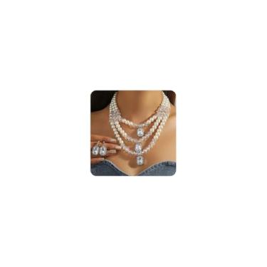 Imagem de Octwine Boho Declaração Pérola Gargantilha Conjunto de Brincos para Mulheres Corrente Grossa Contas Cristal Pingente Colar Brilhante Multi Fios Pérola Strand Brincos para Festa de Casamento, Large