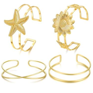 Imagem de YVVLEE 4 peças de joias femininas de ouro e prata para braço, braçadeira ajustável, minimalista, bobina, braçadeira, conjunto de braçadeiras, open, Sem Pedra Preciosa