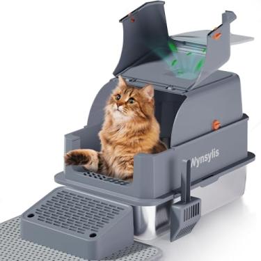 Imagem de Wynsylis Caixa de areia para gatos de aço inoxidável com tampa – 180° Flip-Top XL totalmente fechada, caixa de alta face com rampa e patrulha, filtro de controle de odor de carvão, à prova de