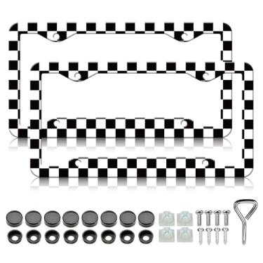 Imagem de Molduras para placa de licença quadriculada - Pacote com 2 capas de suporte de placa de licença padrão xadrez preto e branco, alumínio metal à prova d'água à prova de ferrugem com tampas de parafusos