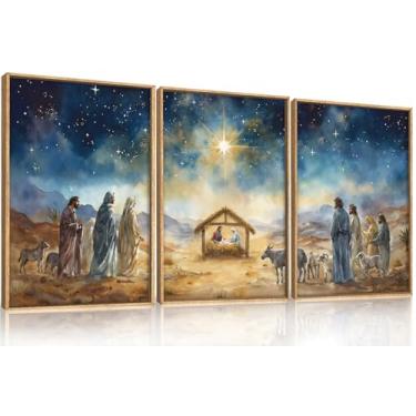 Imagem de LHIUEM Grande conjunto de arte de parede em tela emoldurada religiosa cristã da Bíblia, decoração de parede do nascimento de Jesus, arte de Natal de Maria e José para sala de estar, quarto, sala de