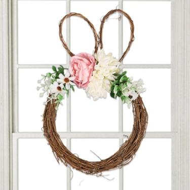 Imagem de Guirlanda em forma de coelhinho da Páscoa, guirlanda de flores de primavera em forma de coelho de 38 cm | Guirlanda de planta de coelho de fazenda para decoração de férias na parede da porta da frente