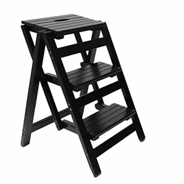 Imagem de Banqueta de madeira para adultos, banco de degrau para adultos, 3 degraus, multifuncional, cadeira, dobrável, biblioteca de madeira, suporte para plantas (Preto)