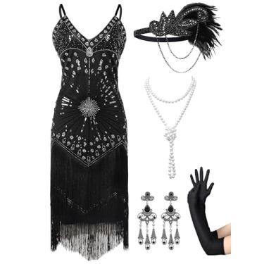 Imagem de RRYIO Vestidos femininos melindrosa anos 20, vestidos Great Gatsby, vestido de coquetel com franjas de lantejoulas, vestido dos anos 20 para Harlem (preto, prata, G)