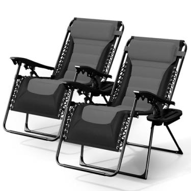 Imagem de Nestl Conjunto de 2 cadeiras acolchoadas de gravidade zero para ambientes externos, espreguiçadeira antigravidade grande com encosto de cabeça ajustável e suporte de copo, dobrável para acampamento