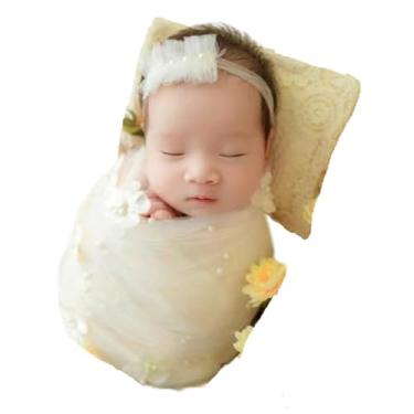 Imagem de Newborn Photography Props Mat Monthly Boy Girls Photo Shoot Costume Handmade Pearl Wrap Blanket Headress Newborn Photography Wrap (creamy-white)