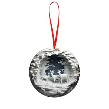 Imagem de Enfeite de Natal de arte em papel 3D personalizado a laser, disco de acrílico branco, cena de floresta de inverno com gancho de fita vermelha de veado