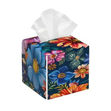 Imagem de Capa quadrada de couro para caixa de lenços de papel, à prova d'água, margarida, colorida, vintage, organizador de papel facial com cinto inferior, estojo de lenços para mesa, banheiro, escritório