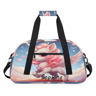 Imagem de Bolsa esportiva personalizada, unicórnio, rosa, fofa, com nome, bolsa de dormir personalizada, bolsa de fim de semana, bolsa de treino para dança, balé, academia, ginástica, mala, viagem, presente