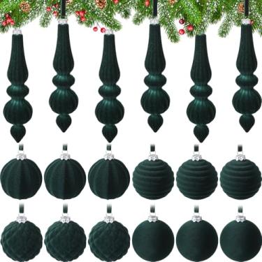 Imagem de Soulchen Conjunto de 18 peças de enfeites de Natal de veludo, decoração de árvore de acabamento flocado de 17 cm, pingente de bola de Natal inquebrável com fita para lustre de teto de árvore de Natal