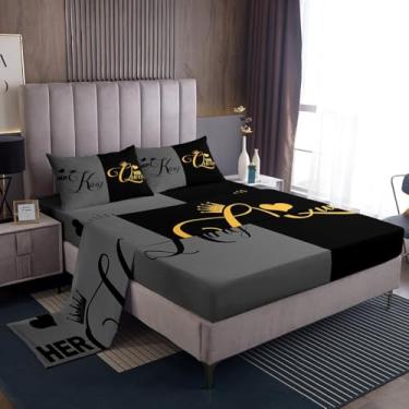 Imagem de Erosebridal Jogo de lençol King e Queen, com coroa de rei e sua rainha, tamanho Queen, romântico Dia dos Namorados 50, presentes de casal para ele e ela