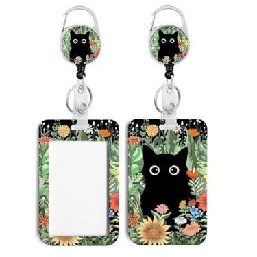 Imagem de Cordão floral de gato fofo para suporte de crachás, chaveiro retrátil, carretel de crachá fofo com clipe mosquetão de rotação de 360 graus