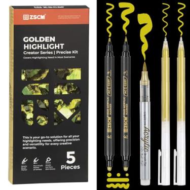 Imagem de ZSCM Pacote com 5 canetas de tinta acrílica douradas para desenho, canetas de gel douradas de ponta fina, marcadores de ponta de pincel, marcadores de acrílico opacos de ponta dupla para destacar