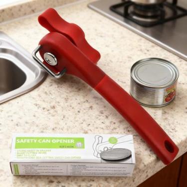 Imagem de Abridor de latas manual de aço inoxidável seguro com alça única e cortador de tampa lateral, perfeito para chefs domésticos e restaurantes