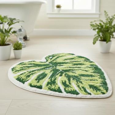Imagem de Tapete de folhas Monstera, tapete de banheiro: pelúcia macia em forma de planta verde tropical antiderrapante lavável à máquina tapete para chuveiro, chão, banheiro, cozinha e decoração de berçário