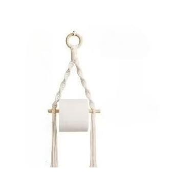 Imagem de Suporte de Papel Higiênico em Macramé Feito à Mão 40cm Design Boêmio Decorativo para Banheiro Ideal para Casa e Apartamento Sem Furar Parede