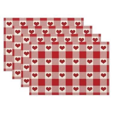 Imagem de Jogo americano de dia dos namorados, conjunto de 4, tapete de mesa decorativo com corações de amor xadrez, 30,5 x 45,7 cm, resistente ao calor, tecido antiderrapante, tapete para dia dos namorados