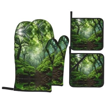 Imagem de Floresta tropical - Conjunto de luvas de cozinha estampadas com suportes de tampa, luvas de forno resistentes ao calor para lidar com panelas quentes, grelhar, churrascos, kit de 4 peças.