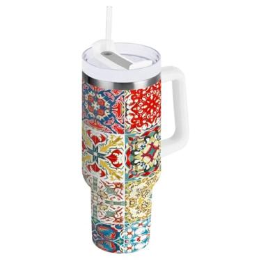 Imagem de Kigai Copo de 1,134 g com alça, copos isolados com padrão de cerâmica mexicana com tampa e canudo, garrafa de água esportiva de metal grande, caneca de café de viagem de aço inoxidável