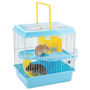 Imagem de Gaiola de hamster azul, 27 x 20,6 x 29 cm, gaiola portátil para hamster de 2 camadas com escorregador, castelo, garrafa de água, tigela de comida, alça superior, fácil de limpar para hamster anão