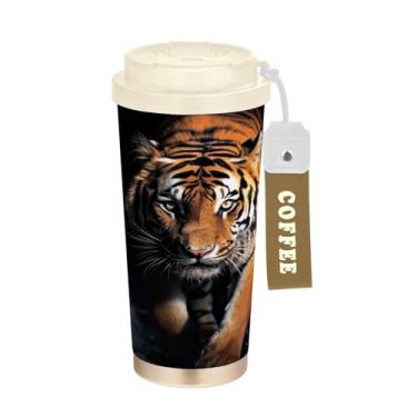 Imagem de YETTASBIN Caneca de café Tiger com isolamento térmico de 482 g com tampa canudo, copo à prova de derramamento e vazamento com alça para bebida quente e fria, garrafa de água de aço inoxidável