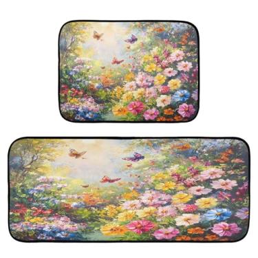 Imagem de STAYTOP Tapetes de cozinha de flores silvestres e borboletas, 2 peças, tapete de entrada frontal, antiderrapante, alivia a fadiga, lavável, tapete para cozinha, quarto, varanda