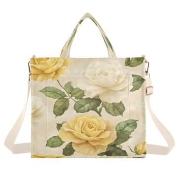 Imagem de Burbuja Sacola feminina de rosas brancas amarelas de veludo cotelê, bolsa tiracolo para compras, trabalho, viagem, P, B353, Medium